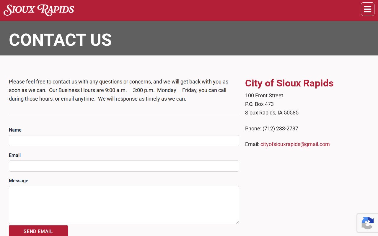 Sioux Rapids City Hall contact page with address phone and hours