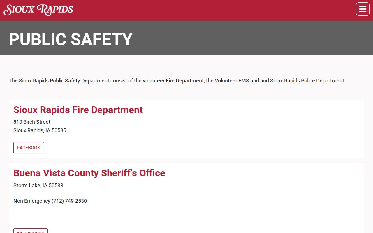 Sioux Rapids public-safety page with city police and county sheriff routes