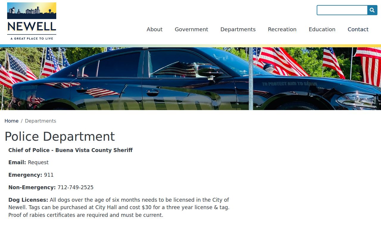 Newell Police Department page identifying the Buena Vista County sheriff as police chief
